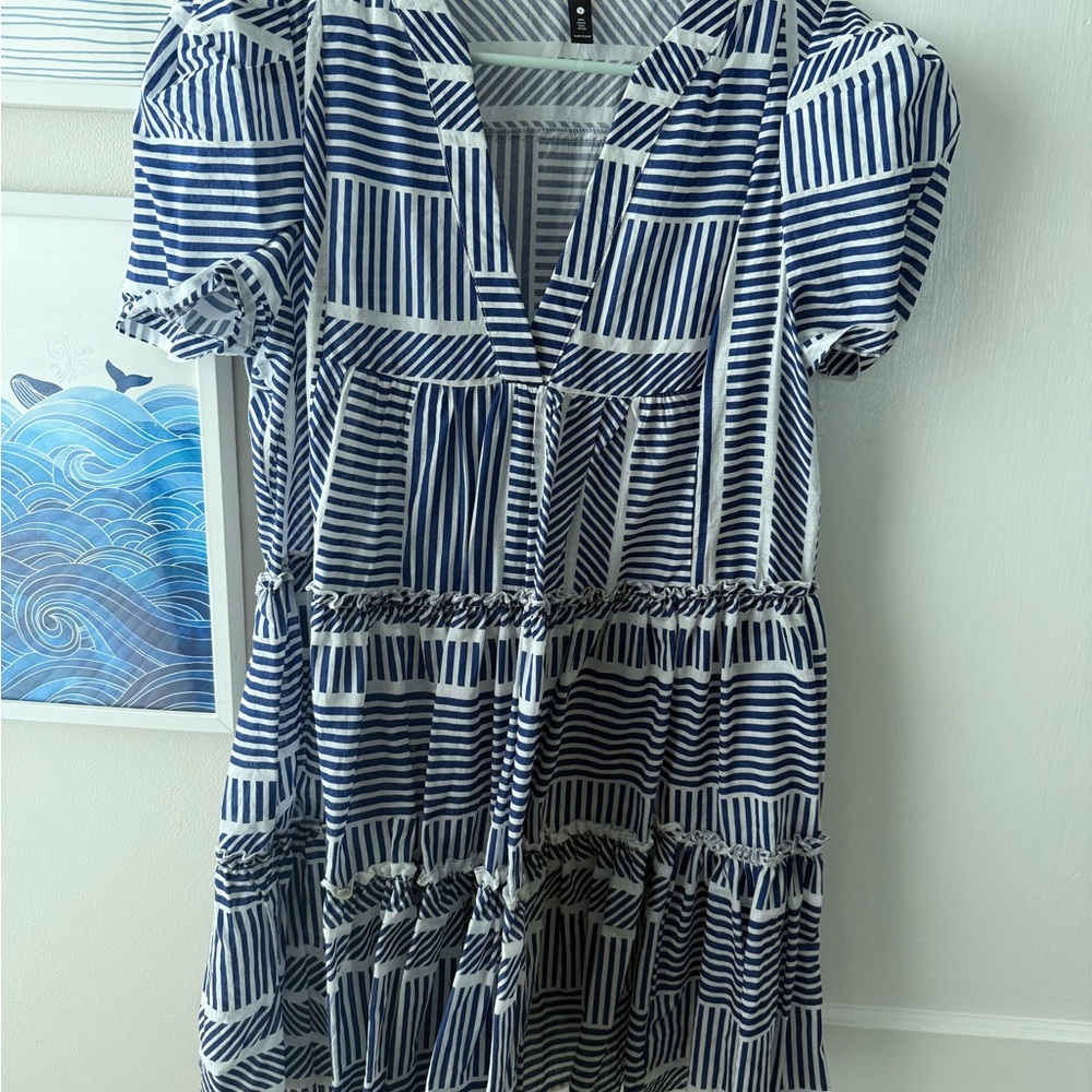 Aqua puff sleeve Striped Blue and White Mini Dress - Picture 2 of 4